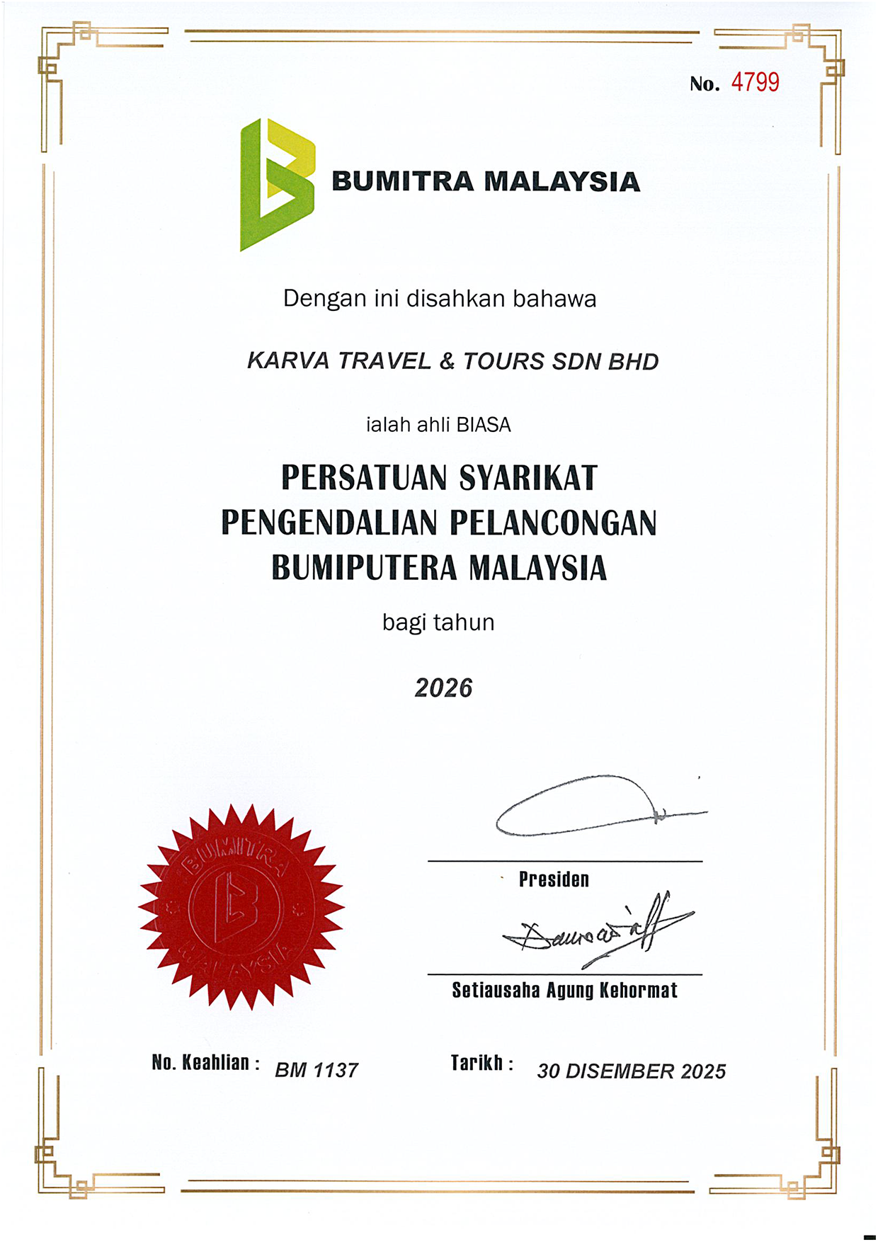 14-2026 KARVA TRAVEL & TOURS SDN BHD - SALINAN SIJIL KEAHLIAN BARU BUMITRA MALAYSIA 2026 (1)