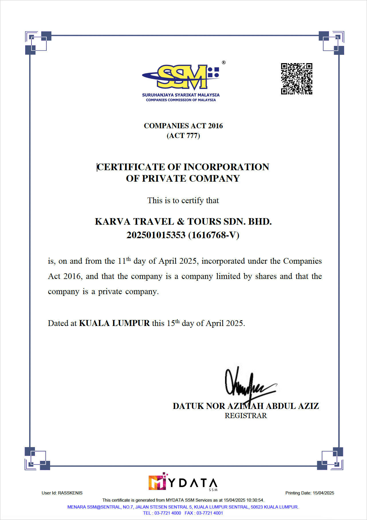 KTM- CERTIFICATE SEC 17